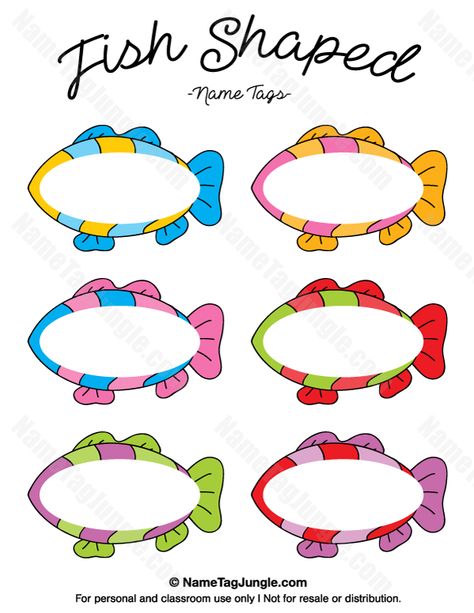 Free printable fish-shaped name tags. The template can also be used for creating items like labels and place cards. Download the PDF at http://nametagjungle.com/name-tag/fish-shaped/ Under The Sea Name Tags Printable Free, Cubby Name Tags, School Labels Printables, Printable Fish, Cubby Tags, Fish Printables, Ocean Classroom, Name Tag For School, Nametags For Kids