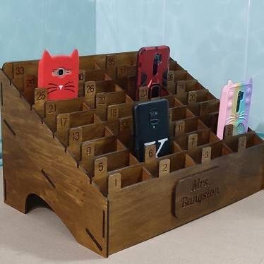 Phone Storage For Classroom, Classroom Phone Holder, Wooden Phone Holder, Design Resume, Plywood Boxes, Wooden Organizer, Classroom Storage, Phone Box, Mobile Holder