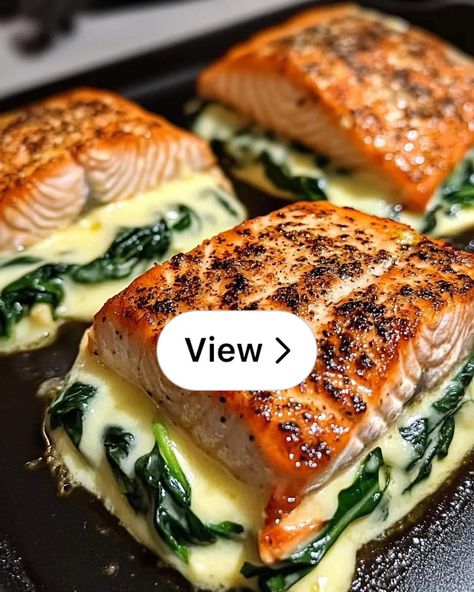 Blackened Salmon Stuffed With Spinach And Parmesan, Blackened Salmon Stuffed With Spinach, Salmon Stuffed With Spinach, Salmon Stuffed, Blackened Salmon, Spinach And Cheese, Ww Recipes, Fish And Seafood, Christmas Dinner