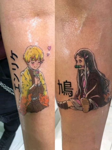 Nezuko X Zenitsu Tattoo, Nezuko And Zenitsu Tattoo, Couples Tattoos Anime, Matching Couple Tattoos Anime, Couples Anime Tattoos, Matching Anime Tattoos Couples, Matching Demon Slayer Tattoos, Anime Couple Tattoo Ideas, Naruto Couple Tattoos