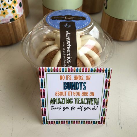 "No Ifs, Ands, or Bundts About it! Celebrate your amazing teachers with a special bundt cake surprise! Attach this cute tag and you're ready to give a sweet gift! There are 4 designs included in your purchase! Print as many times as you need! Each card is approximately 2.75\" square. This is a DIGITAL ITEM - no physical cards will be shipped to you. INSTANT DOWNLOAD This listing is for an instant download. You will be able to download it right away from the email Etsy sends directly after purcha Teacher Appreciation Sweets Ideas, Sweets For Teacher Appreciation, Bundt Cake Tags Gifts, Teacher Appreciation Gifts For Each Day, Daily Gifts For Teacher Appreciation, Budget Friendly Teacher Appreciation, Fun Thank You Gifts, Teacher Appreciation Gifts Coworkers, Teacher Appreciation Gifts On A Budget