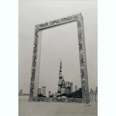 Dubai Sketch, Uae Drawing, Dubai Pics, Uae Art, Igcse Art, Historical Drawings, Dubai Frame, Dubai Art, Black Sketch