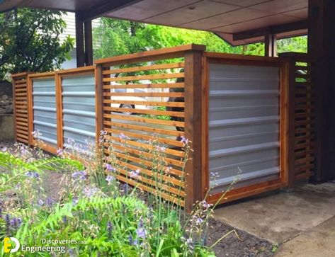 35 Most Attractive Corrugated Metal Fence Ideas For Your Home - Engineering Discoveries Metal Fence Ideas, Decorative Metal Sheets, Corrugated Metal Fence, Diy Backyard Fence, Galvanized Roofing, Metal Garden Gates, Home Engineering, Metal Fence Panels, House Fence Design