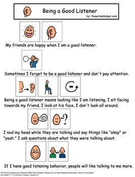 Being A Good Listener, Visual Social Stories, A Good Listener, Social Skills Groups, Social Story, Teaching Social Skills, Conversation Skills, Social Thinking, School Social Work