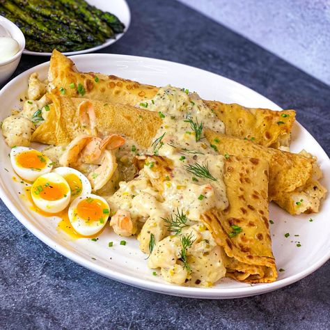 Seafood Crepes Seafood Crepes Recipe, Seafood Crepes, Recipe Crepes, Mixed Seafood Recipe, Stuffed Crepes, Lobster Recipe, Mennonite Girls Can Cook, Homemade Crepes, Easy Crepe Recipe