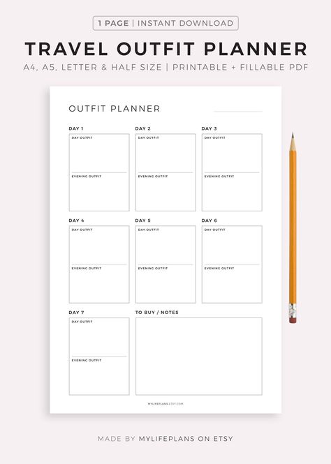 Travel Outfit Planner Printable Template, Daily Outfit Planner for Business Trip & Vacation, Travel Packing List, Suitcase Planning Outfit Planner Printable, Weekly Outfit Planner, Travel Outfit Planner, Planner For Business, Travel Planner Template, Free Planner Templates, Outfit Planner, Hole Punches, Free Planner