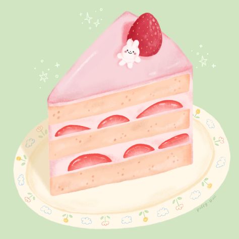 Anime Strawberry Cake, Strawberry Cake Illustration, Marshmallow Illustration, Pastry Cake Design, Bunny Strawberry, Strawberry Art, Cake Strawberry, Cake Illustration, Art Food