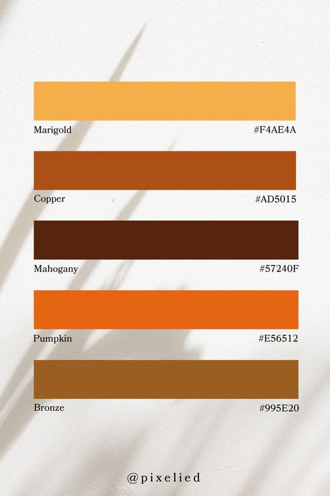 This vibrant color palette features warm, rich tones perfect for an autumn or earthy theme. It includes the bright, cheerful shade of marigold, the deep, rustic hues of copper and mahogany, the bold and lively pumpkin orange, and the warm, grounding bronze. Ideal for creating a cozy, inviting atmosphere. Orange Earthy Color Palette, Bright Earth Tone Color Palette, Earthy Vibrant Color Palette, Reddish Orange Color Palette, Blood Orange Color Palette, Yellow Orange Green Brown Palette, Color Scheme Generator, Earth Colour Palette, Tone Color Palette