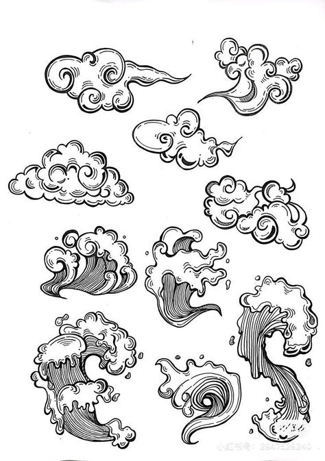 Japanese Cloud Tattoo, Fearless Tattoo, Cloud Tattoo Design, Chest Tattoo Drawings, Black Line Tattoo, Wave Drawing, Japan Tattoo Design, Cloud Tattoo, Japanese Drawings