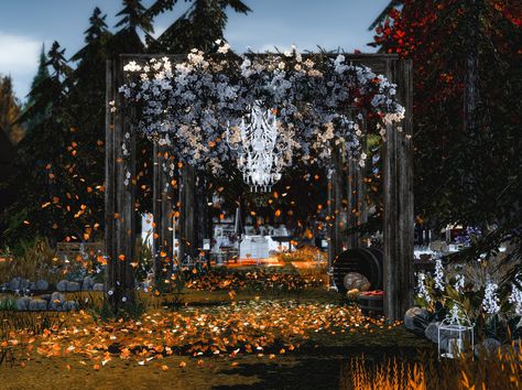 Sims 4 Wedding Venue Cc, Sims 4 Forest, Fall Forest Wedding, Frame Cabins, Blender Scene, A Frame Cabins, Fall Forest, Wedding Scene, Autumn Scenes