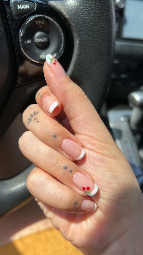 Nails tattoos hands finger tattoos cherry nails white french nails White French Cherry Nails, Cherry Square Nails, White Nails With Cherries, Cherry Nails White, White Cherry Nails, French Nails With Cherry, Square Cherry Nails, Cherry Nails Square, French Tip With Cherry