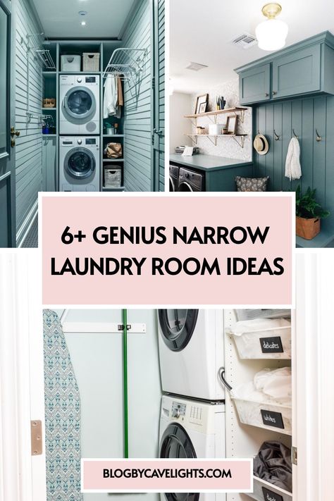 6 narrow laundry room ideas Pantry With Washer Dryer, Laundry Room By Garage, Tiny Laundry Mudroom, Pocket Laundry Room Ideas, Narrow Bathroom Laundry Combo, Laundry Room Cabinets Small Space, Clever Utility Room Ideas, Very Small Utility Room Ideas, Laundry Room Stackable Ideas