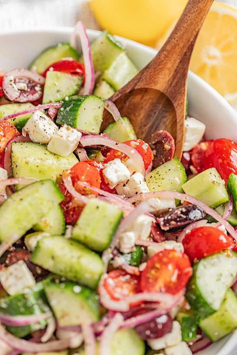 Simple Greek Salad - thestayathomechef.com Platter Salad, Simple Greek Salad, Greek Cucumber Salad, Chinese Chicken Salad Recipe, The Stay At Home Chef, Traditional Greek Salad, Greek Dinners, Stay At Home Chef, Greek Salad Recipes