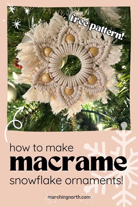 a macrame snowflake ornament on a Christmas tree Macrame Bead Ornaments, Snowflake Macrame Ornament, Diy Christmas Macrame Ornaments, Christmas Macrame Tutorial, Easy Macrame Christmas Ornaments, Macrame Snowflakes Diy, Macrame Christmas Ornaments Diy, Macrame Ornaments Diy, Macrame Snowflake Ornaments