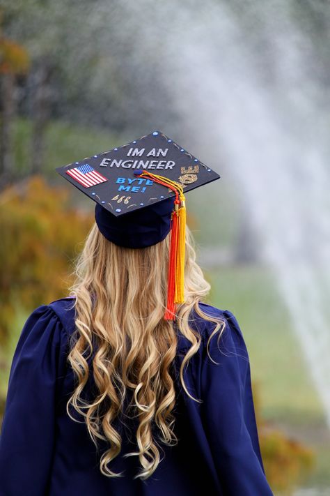 My graduation cap. "I'm an engineer, byte me" Electrical Engineering Graduation Cap, Engineering Graduation Pictures, Engineering Graduation Cap, Dress For Graduation Ceremony, Dresses For Graduation Ceremony, Engineering Graduation, Dress For Graduation, Funny Engineer, College Outfits Party