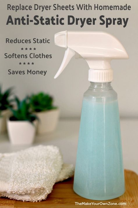 DIY Anti-Static Fabric Softener Dryer Spray Diy Anti Static Spray For Clothes, Diy Fabric Softener Spray, Fabric Refresher Spray Diy, Diy Dryer Sheets, Homemade Dryer Sheets, Diy Fabric Softener, Sheet Spray, Homemade Fabric Softener, Organizing Stuff