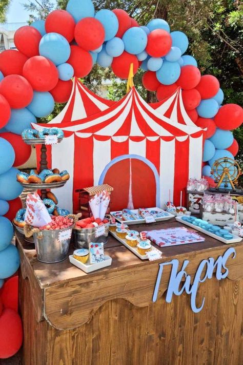 Check out this fun circus baby shower! The dessert table is stunning! See more party ideas and share yours at CatchMyParty.com Circus Theme Baby Shower Ideas, Circus Baby Shower Theme, Carnival Party Foods, Circus Ideas, Carnival Baby Showers, Baby Shower Party Planning, Carnival Birthday Party Theme, Birthday 2023, Circus Carnival Party