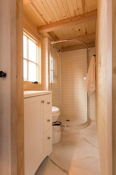 Porchlight Tiny House by Hideaway Tiny Homes Tiny House Towns, Cabin Bathrooms, Tiny House Listings, Tiny House Bathroom, Tiny Bathrooms, Tiny Houses For Sale, Bathroom Design Luxury, Tiny Bathroom, Tiny House On Wheels