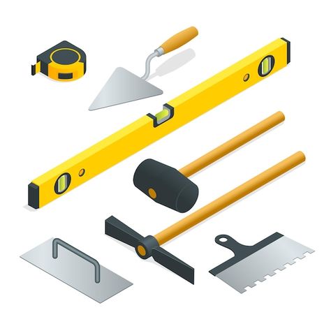 Collection of most common types of mason... | Premium Vector #Freepik #vector #trowel #masonry #hammer #mason Building A Brick Wall, House Logo Icon, Masonry Construction, Masonry Tools, 3d Isometric, Build A Wall, Wall Installation, Used Tools, Construction Equipment