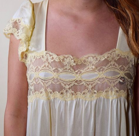 Vintage sheer light yellow nightgown with lace trim women's size Medium Retro Lace Trim Nightgown For Sleep, Nightgown Romantic, Yellow Nightgown, Spring Vintage Sleepwear With Lace Trim, Vintage Beige Sleepwear With Lace Trim, Vintage Cream Nightgown, Vintage Cream Sheer Nightgown, Vintage Nightgown, 60s Vintage