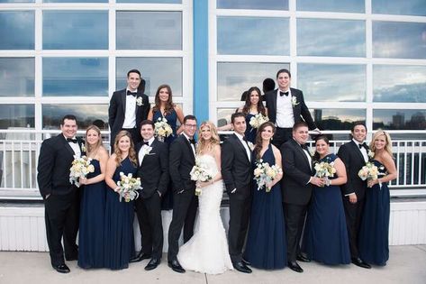 Navy Maxi Bridesmaid Dresses with Various Necklines Navy And Black Wedding, Dark Navy Bridesmaid Dress, Dark Blue Bridesmaid Dresses, Bridesmaid Dresses Ideas, Romantic Bridesmaid Dresses, Bridal Entourage, Garden Marquee, Pretty Bridesmaid Dresses, Literary Wedding