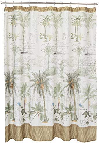 Palm tree shower curtain. Ivory, green and brown. Top and bottom borders have brown basket weave design. 72 x 72 inches Palm Tree Bathroom, Palm Tree Fabric, Tree Shower Curtain, Tropical Showers, Lush Bath, Christmas Shower, Christmas Shower Curtains, Beaded Curtains, Curtain Material