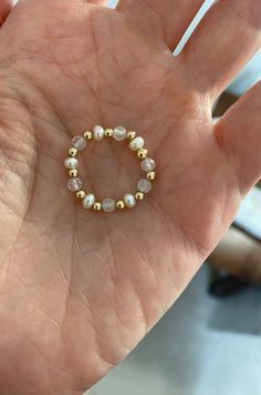 Pearl/moonstone Beaded Gold Filled Ring. Stretch Gold Filled - Etsy Cute Homemade Jewelry, Self Made Jewelry Ideas, Gold Beaded Jewelry, Home Made Jewelry Ideas, Cute Gold Ring, Diy Pearl Rings, Homemade Rings, Stretch Beaded Bracelets Diy, Diy Wire Jewelry Rings