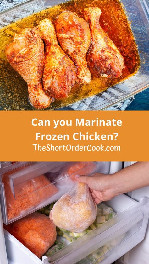 A dish with chicken legs and marinade plus a photo of a hand grabbing a whole frozen chicken from the freezer drawer. Frozen Marinated Chicken, Frozen Chicken Marinade, Chicken Wing Marinade, Chicken Tips, Costco Chicken, Marinate Chicken, Chicken Breast Crockpot Recipes, Frozen Chicken Wings, Grilled Chicken Marinade