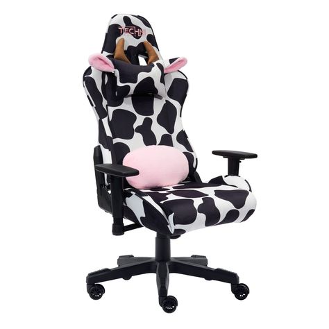 Techni Sport TS85 COW Print LUXX Series Gaming Chair Cow Print Fabric, Back Support Pillow, Racing Chair, Gaming Chairs, Pink Cow, White Cow, A Cow, Cute Cows, Neck Pillow