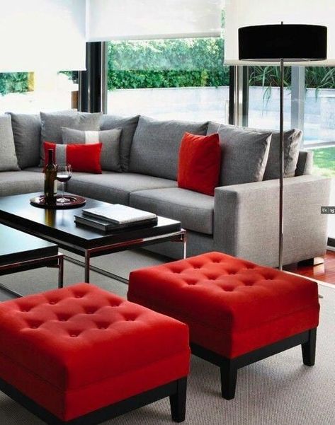 Grey And Red Living Room, Red Living Room Decor, Sitting Room Decor, 3 Piece Living Room Set, Red Living, Living Room Red, Colourful Living Room, Small Living Room Decor, Red Decor