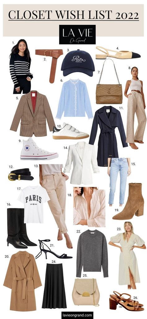 Closet Wish List 2022 | La Vie On Grand France Wardrobe Capsule, Paris Checklist Packing Lists, Capsule Wardrobe France Spring, Provence Capsule Wardrobe, Blazer Over Dress, French Capsule Wardrobe Fall 2022, French Wardrobe Basics, Chic Black Outfits, Parisian Outfit