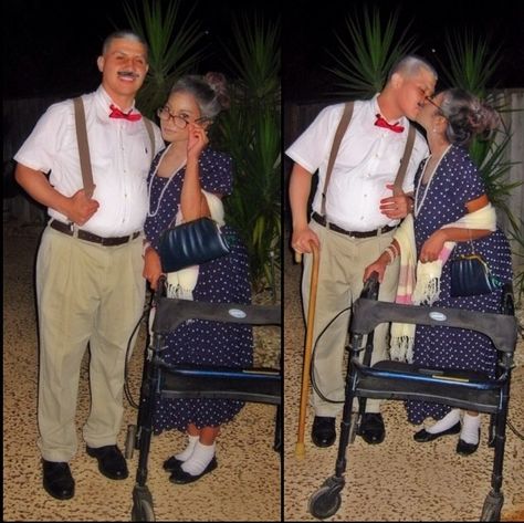 DIY Couple Costumes for Halloween: Grandparents. Dead Themed Party- we arrived "almost dead". Thrift Store findings! Elderly Couple Costume, Old People Halloween Costumes Couples, Old People Costume Couple, Old Couple Halloween Costume, Granny Theme Party, Old Couple Costume, Old People Halloween Costumes, Old People Party Theme, Elderly Costume