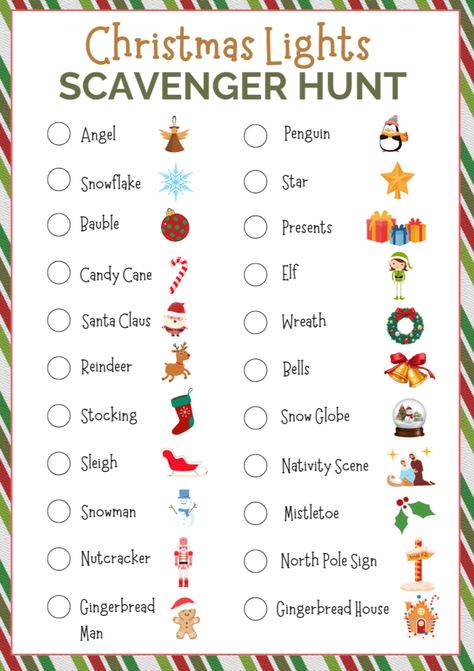 FREE Christmas Decoration Scavenger Hunt Printable Printable Christmas Lights, Christmas Scavenger Hunt For Kids, Christmas Lights Scavenger Hunt, Christmas Light Scavenger Hunt, Scavenger Hunt Printable, Planner Calendar Printables, Christmas Scavenger Hunt, Holiday Lights Display, Easy Crafts To Sell