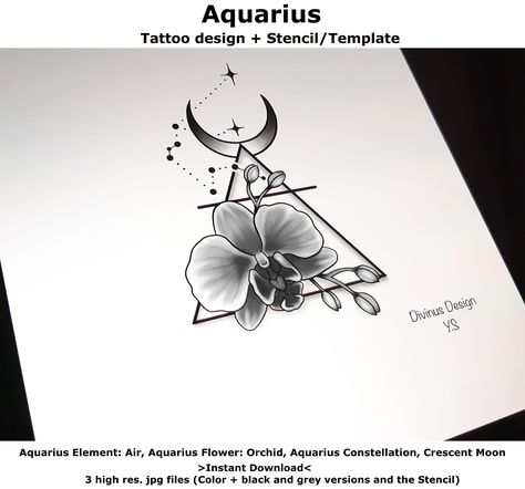 Zodiac Geometric, Aquarius Flower, Aquarius Tattoos, Aquarius Constellation Tattoo, Element Tattoo, Orchid Drawing, Dragonfly Tattoo Design, Horoscope Tattoos, Aquarius Constellation