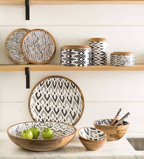 IKAT GREY ENAMELED MANGO WOOD SERVING COLLECTION | VivaTerra Stainless Steel Side Table, Acacia Wood Bowl, Wood Serving Bowl, Wood Plates, Salad Serving Set, Wood Serving Tray, Wooden Lanterns, Iron Hardware, Serving Tray Wood