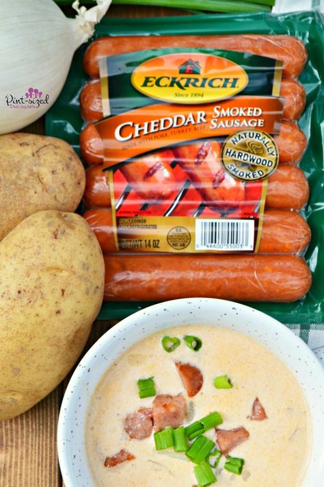 Creamy Sausage & Potato Soup is creamy, super simple and features our favorite Cheddar Smoked Sausage! Plus, it's ready in MINUTES! #ad #recipes #sausagerecipes #soup #potatosoup #RebelWithoutACookbook Eckrich Bedder Cheddar Sausage Recipes, Cheddar Smoked Sausage Recipes, Eckrich Sausage Recipes, Eckrich Sausage, Sausage And Potato Soup, Sausage Stir Fry, Sausage Potato Soup, Sausage Potato, Smoked Sausage Recipes