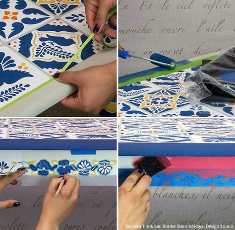 How to Stencil Video Tutorial - Decorating and Upcycling a Mexican Talavera & Ceramic Tile Table with Chalk Paint and Tile Stencils Mexican Tile Table, Yellow Chalk Paint, Tile Stencils, Tile Tables, Royal Design Studio Stencil, Stencils Tutorials, Mexican Talavera Tile, Talavera Tile, Tile Table