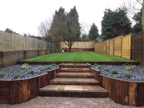 This photo shows a recent garden we transformed. Due to the height variations within the garden it is important to link the space. This has been achieved by using oak sleepers placed vertically to create curved steps as a transition between the upper and lower parts of the garden. Vertical Sleeper Retaining Wall, Garden Sleepers, Curved Steps, Sleeper Steps, Rv Deck, Sleepers In Garden, Oak Sleepers, Backyard Retaining Walls, Garden Front Of House