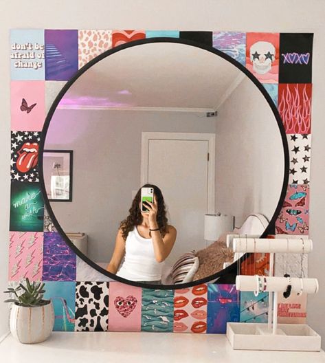 Circle Mirror Ideas For Bedroom, Photos Around Mirror, Photo Wall Collage Around Circle Mirror, Photo Wall Collage Around Mirror, Photo Collage With Mirror, Circle Mirror With Pictures Around It, Collage Around Mirror, Circle Mirrors On Wall Decor, Photo Wall With Mirror