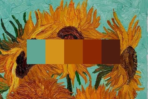 color palettes Van Gogh Palette Color Schemes, Van Gogh Themed Room, Vincent Van Gogh Color Palette, Van Gogh Color Pallete, Sunflower Color Pallete, Van Gogh Colour Palette, Sunflower Colour Palette, Color Harmony Painting, Van Gogh Color Palette