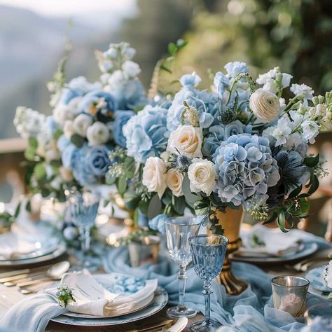 3+ Dusty Blue Wedding Theme Inspirations and Ideas • 333+ Art Images Dusty Blue And Gold Wedding Decorations, Dusty Blue Wedding Theme Table Settings Centerpieces, Sapphire Wedding Theme Table Settings, Dusty Blue Wedding Table, Baby Blue And Gold Wedding, Shades Of Blue Wedding Theme, Dusty Blue Wedding Theme Centerpieces, Dusty Blue And Gold Wedding Theme, Blue And Gold Table Setting