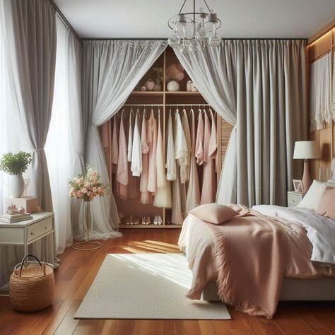 Open Closet Ideas Closet With Drapes, Curtains For Closet Doors Bedroom Ideas, Closet Covering Ideas, Wardrobe With Curtains, Open Closet In Bedroom, Closet Curtain Ideas, Open Closet Ideas, Closet Curtains, Custom Hangers