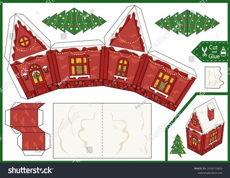 Paper Christmas Houses Templates Free Printable, Paper House Christmas Village, Paper House Template Printables Free, Christmas Paper House, Train Village, Printable Christmas Ornaments, Paper House Template, Christmas Paper Craft, Craft Printables