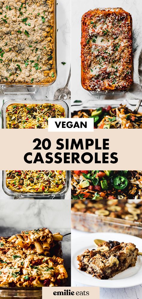 Save this list of 20 vegan casserole recipes for go-to easy, cozy meals! It has from vegan enchilada casserole to vegan baked ziti. One Dish Vegan Meals, Vegetarian Baked Recipes, Vegan Thanksgiving Casserole Recipes, Vegan Recipes Casserole, Vegan Group Meals, Vegan Casseroles Plant Based, Vegan Noodle Casserole, Vegan Zucchini Casserole, Vegan Entrees Easy