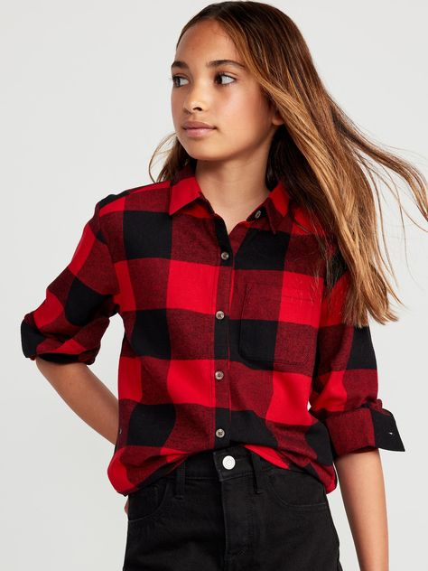 Spread collar and long sleeves.  Full-length buttoned placket.  Patch pocket at left of chest.  Curved hem.  Softly-brushed, woven 100% cotton-flannel, with plaid print.  Oversized, relaxed, fit through body.  Girls flannel tunic shirt hits at hip. Wonder Woman Shirt, Blue Shirt With Jeans, Flannel Tunic, Girls Flannel, Fashion City, Blue And White Shirt, Girls Tunics, Grey Long Sleeve Shirt, Plaid Tunic