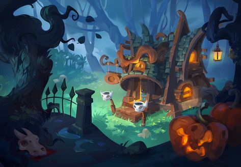 Witch's House, on ArtStation at https://www.artstation.com/artwork/eazP4J Witch House Concept Art, Witch House Illustration, Halloween Concept Art, Witch's House, Illustration Concept Art, Environment Painting, 2d Game Art, Casual Art, Silhouette Painting