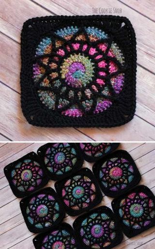 Crochet Blanket Black, Stained Glass Crochet, Stained Glass Square, Free Crochet Square, Crocheted Blankets, Crochet Tutorial Pattern, Window Well, زجاج ملون, Knit Projects