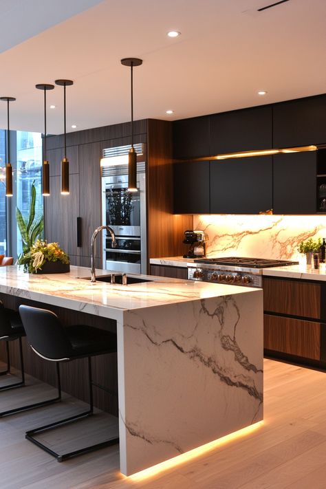 Discover the latest kitchen design featuring sleek black cabinets and a stunning marble island. Embrace modern elegance with warm wood details and contemporary lighting. Perfect blend of style and functionality! #kitchendesign #modernhome #interiordesign Dark Cabinets With Marble Countertops, Modern Dark Wood Kitchen, Tv Wall Design 2024, Latest Kitchen Designs Modern 2024, Modern Wood Kitchen Cabinets, Wood And Marble Kitchen, Contemporary Kitchen Design Luxury, Dream House Kitchen Modern, Moody Kitchen Design