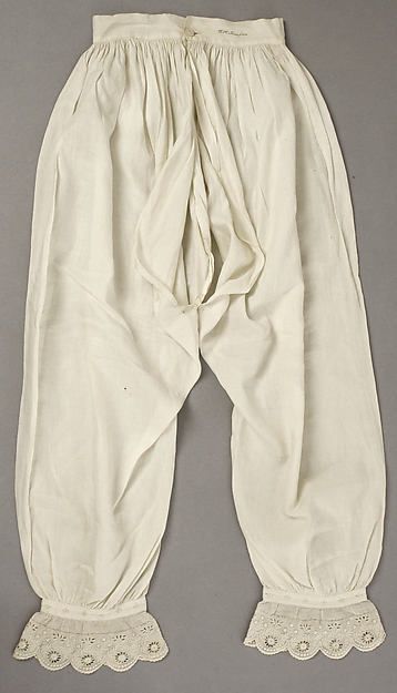 Drawers Date: 1840s Culture: American Medium: linen (still being used along with cotton) 1860s Chemise, 1840s Dress, 1840s Fashion, 1830s Fashion, Wilkie Collins, 19th Century Clothing, Lingerie Vintage, Dress History, Victorian Costume