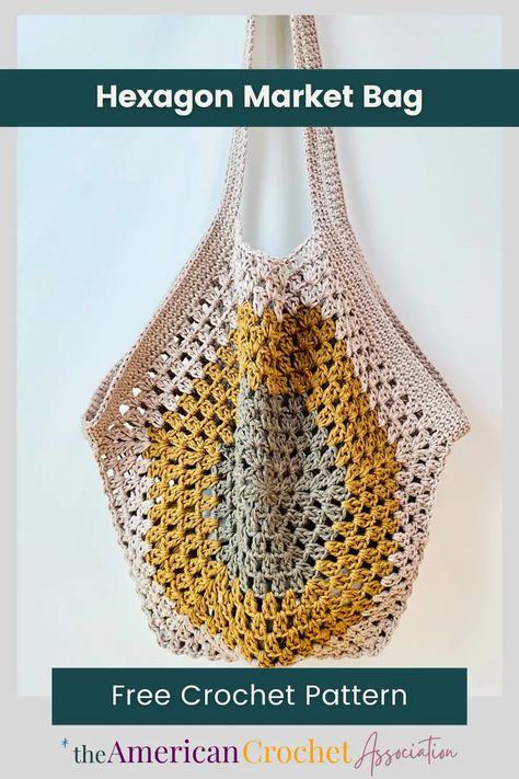 Hexagon Market Bag - Quick and Easy Crochet Pattern | American Crochet Association Crochet Pattern Granny Square, Pattern Granny Square, American Crochet, Free Crochet Bag, Crochet Bag Pattern Free, Bag Pattern Free, Crochet Market Bag, Crochet Hexagon, Crochet Clutch